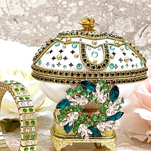 UNIQUE Faberge Egg Style 24k EMERALD Olive Wreath Engagement Ornament Proposal Ring box Gift for her Fabergé egg Engagement Gift Fiance Wife