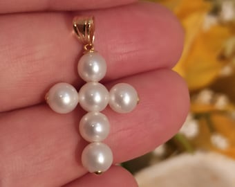 Designer PerlenKreuz Anhänger,SOLID 18k,GOLD Perlenkreuz,Christliches Muttertagsgeschenk,Perlenkreuz,Kreuz für Mama,Kreuz für Frauen,UNIKAT Kreuz