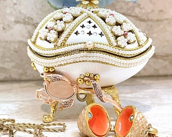 Limited Edition - Faberge egg Music box + Pink Faberge egg Pendant Necklace + Bracelet - 24k Gold - Birthday gifts  - Fabergé egg style  -
