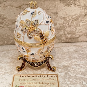 Pudełko na biżuterię z białego granatu w kształcie jajka Fabergé na parapetówkę, wystrój domu, pudełko na prezent urodzinowy dla mamy na Boże Narodzenie, Swarovski HANDSET 24k