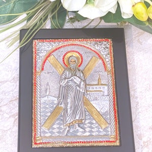 Solid SILVER Icon of Saint Andrew the Apostle Orthodox Icon St Andrew Apostle Vintage Godparent gift Orthodox Icon Christian Religious gift
