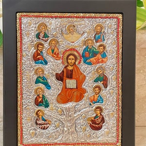 GOLD Lord Jesus Christ Orthodox Icon Byzantine Icon Religious Decor Christian Icon SOLID 925 Sterling Silver 340 Gems HANDMADE Tree of Life