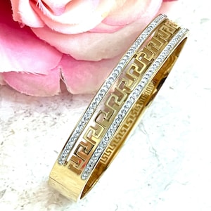 Pulsera de 10 mm, joyería griega, pulsera de oro amarillo de 18 quilates, brazalete infinito, joyería de llave griega antigua, pulsera de meandro, regalo de aniversario