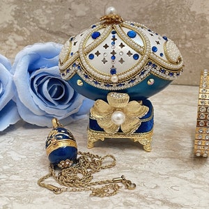 1993 Vintage Faberge Egg style Music Blue Faberge Egg Collectors Box Natural Hand Carved Egg Fabergé Egg Sapphire 24k GOLD gift for Birthday