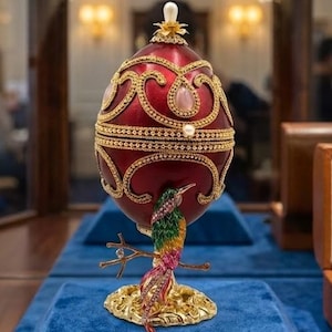 Fabergé-Ei von 1986, Vintage-Musikeier-Box mit Golddekor und Rubin, Geschenk zum 40. Hochzeitstag für Eltern, österreichisches Kristall, handgefertigt