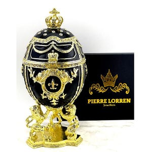 IMPERIAL Black Fabergé Egg style 24k GOLD 4ct Collectors Egg Fabrege Jewelry Box Faberge Egg Trinket Box 200 Swarovski Decorated HANDMADE