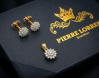 18kt Solid 18k Yellow Gold Natural Diamond Pendant Natural Diamond Earrings  Cluster Fine Jewelry Handmade by Pierre Lorren 75pts