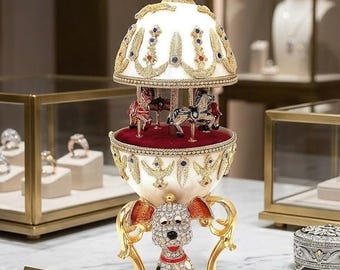 Uovo Fabergé unico nel suo genere, regalo per amanti dei cani, uovo Fabergé con giostra musicale, oro 24 carati, uovo Fabergé fatto a mano per il 21° compleanno.