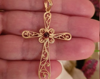 18Kt Solid GOLD Garnet Cross pendant gift for women/FILIGREE Gold Cross Charm Religious Jewelry Byzantin pendant 18k HANDMADE Christian gift