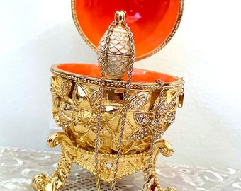 Exquisite Fabrege Egg GOLD 24k Fabergé egg Pendant + Faberge egg style POMEGRANATE + Good Luck Wedding RingBox 450 Crystal Diamonds HANDSET