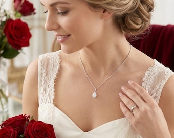 Collana con diamante solitario a goccia in oro bianco massiccio 18 carati, catena a corda in oro massiccio 18 carati da 1,65 carati