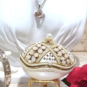 Sweet Birthday Gift for Her Pink FABERGE Egg Musical Jewelry box, Faberge Pendant HEART Necklace Silver Bracelet Pink Topaz Fabergé Egg SET