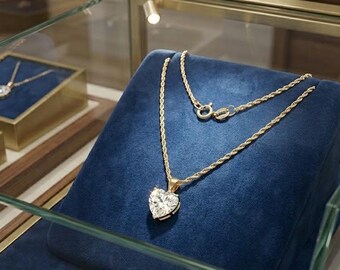 Collana con ciondolo a cuore in oro giallo massiccio 18 carati con diamanti da 1,5 ct, regalo d'amore, collana con diamante solitario in oro 18 carati, gioiello a forma di cuore, catena a corda, realizzata a mano.