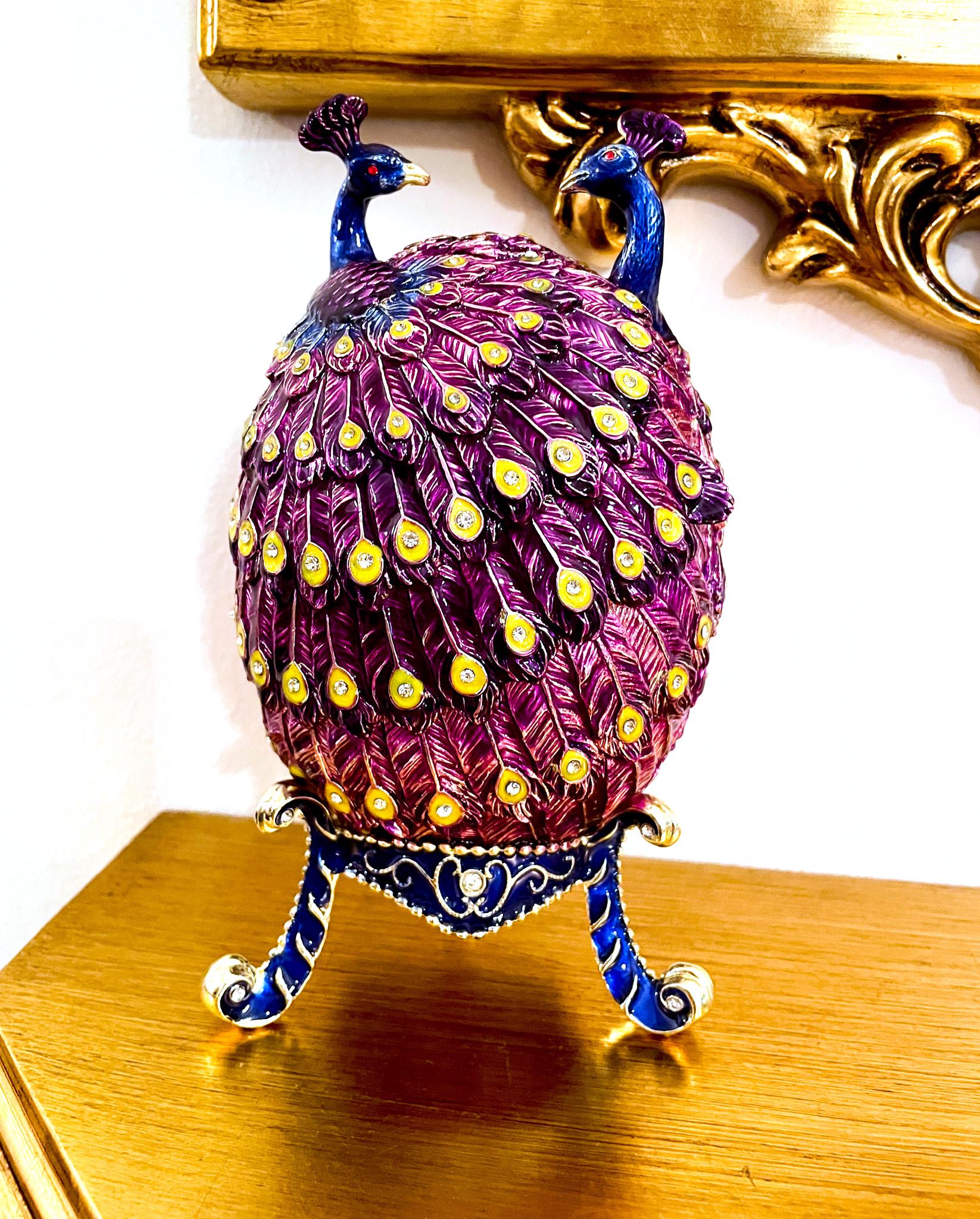 Pierre Lorren Purple Peacock Jewelry Box Faberge Egg Pure Gold