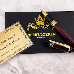 Pierre Lorren Stylo à bille roulante antique Meander gravé à la main Stylo à encre fait main Stylo à écriture Anniversaire Cadeau d'anniversaire Or 18 carats Métal argenté
