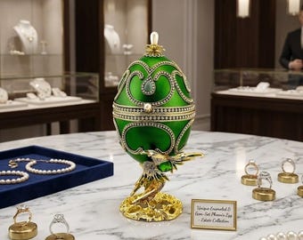 1980 Uovo Fabergé Carillon Uovo Naturale Uovo in stile Fabergé + Collana Fabergé Regali di compleanno per la moglie Uovo Fabergé Amante degli uccelli Uovo vintage fatto a mano