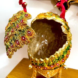 Pierre Lorren Multi Peacock Jewelry Box Faberge egg Pure Gold Swarovski HANDMADE Faberge Trinket Box & Bracelet Peacock Gifts for her 7.9&quot;