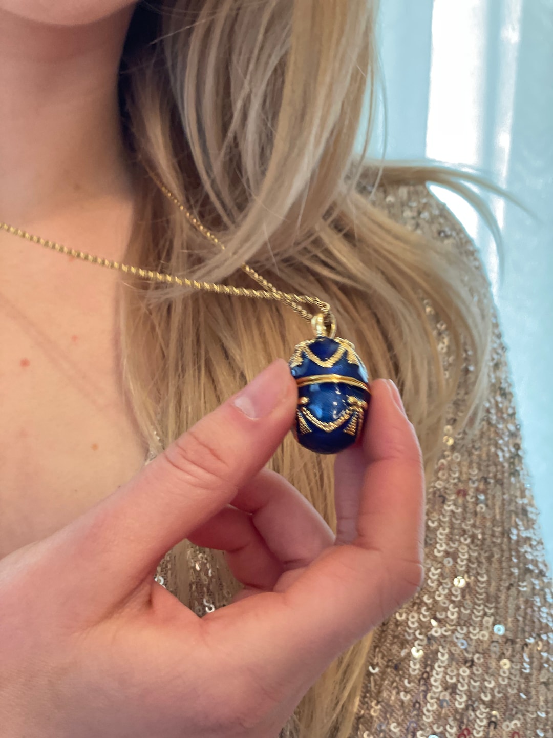 Luxury SAPPHIRE Blue Necklace 24k GOLD -guilloché Enamel- Faberge Egg  Pendant Necklace Blue Rope Chain- HANDMADE Faberge Jewelry