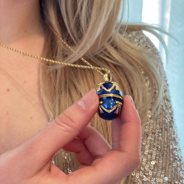 Luxury SAPPHIRE Blue Necklace - 24k GOLD -Guilloché Enamel- Faberge Egg Pendant Necklace Blue -23.5" Rope Chain- HANDMADE - Faberge Jewelry