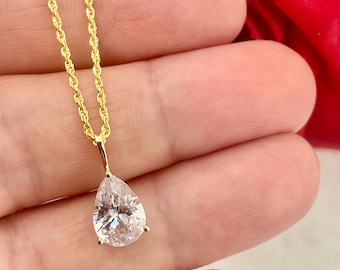 Collana con diamante solitario a goccia in oro giallo massiccio 18 carati, catena a corda in oro massiccio 18 carati da 1,65 carati