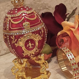 Faberge egg Trinket box Fabrege style 24K GOLD IMPERIAL Lions 200 Austrian Crystals HANDSET Diamonds 2ct Bracelet Fabergé Egg Jewelry box