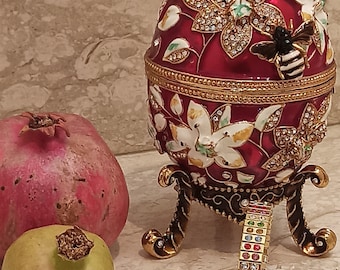 24k Pomegranate Trinket box 10ct Austrian Crystal DIAMOND with bracelet Jewelry gift for her Good LUCK Box Pomegrant Red Faberge Jewelry Box