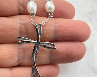One of a Kind Natural Cross Pendant Pearl Cross Necklace Cross Necklace Christianity Cross for Christian Graduation 18kt White GOLD Silver