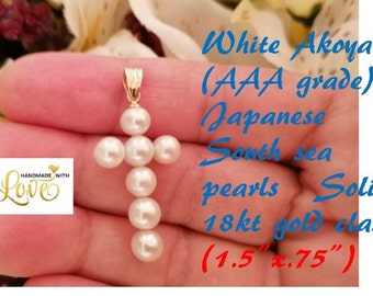 Solid 18Kt Yellow Gold Akoya Pearl Cross Pendant Necklace Religious Charm REAL CULTURED Pearl Christian Pendant AUTHENTIC Akoya Pearl Cross