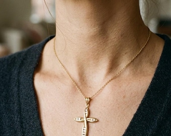 Croce in oro massiccio 18 carati, ciondolo a croce con diamanti naturali, collana con croce di diamanti, regalo cristiano per la festa della mamma, crocifisso per la mamma, croce per le donne