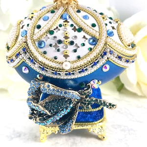 Limited Edition, Faberge Egg Style, 24k HANDMADE, Imperial Fabergé egg Ornaments, Musical Faberge Art, Something blue for Wedding, Sapphire