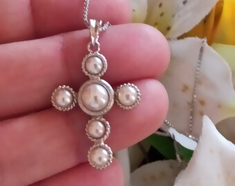 Weiße Perlenkette Kreuz Anhänger SILBER/Echtes Perlenkreuz auf Kette Silber/Taufkreuz/Taufkreuz/Erstkommunion Geschenk für Mädchen/
