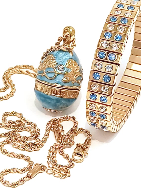 Artisan Handmade Jewelry,FABERGE egg Pendant Necklace & GOLD Bracelet set for women,Blue Birthday gifts for her, Blue Necklace set, Fabergé