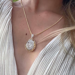 3ct LARGE Gold Diamond Flower Necklace Fabergé Egg pendant Sterling Silver SOLID PLATINUM Faberge Egg style Birthday Diamond Neckless 1.6&quot;