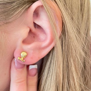 Brincos Tweety Bird - Ouro SÓLIDO 18k - Joias Vintage Warner Bros para mulheres - Brincos Tweety Stud -