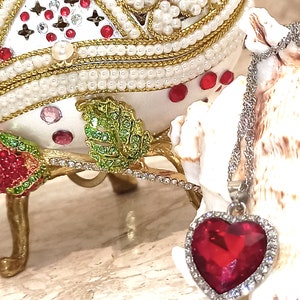 ONE of a Kind Faberge egg 24k GOLD Musical Jewelry Box + Sterling Silver Ruby Heart + Bracelet HANDCARVED Fabergé Egg style Christmas gift