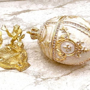 Imperial Off-White Fabergé Egg style GOLD 4ct Collectors Egg Fabrege Eggs & Silver Jewelry Faberge Egg Trinket Box 200 Swaroski HANDMADE SET