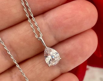 Collana con diamante solitario a forma di pera in oro bianco massiccio 18 carati, ciondolo a corda con diamante, collana con diamante a forma di pera, anniversario, compleanno, 1,65 carati