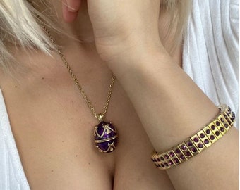 Gold Amethyst Necklace -Faberge egg Pendant -Amethyst Bracelet -24K Gold -Handmade Bracelet-Bridal shower gift -Gift for women-Gift for Her