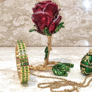 HANDMADE Rose Fabrege egg Ornament ＆ Royal Jewelry 24kGOLD 5ct SwaroskiRose Jeweled egg ＆ Faberge egg Russian Jewelry Necklace ＆ 2ct Diamond Bracel Crystals rose Swarovski beads cabochon parrot handmade egg - JO