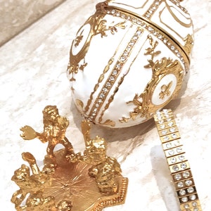 IMPERIAL White Faberge Egg style 24K Lion 4ct Faberge Trinket box 200 SWAROVSKI Diam & Bracelet 2ct/Faberge Egg Ornament Faberge Jewelry Box image 4