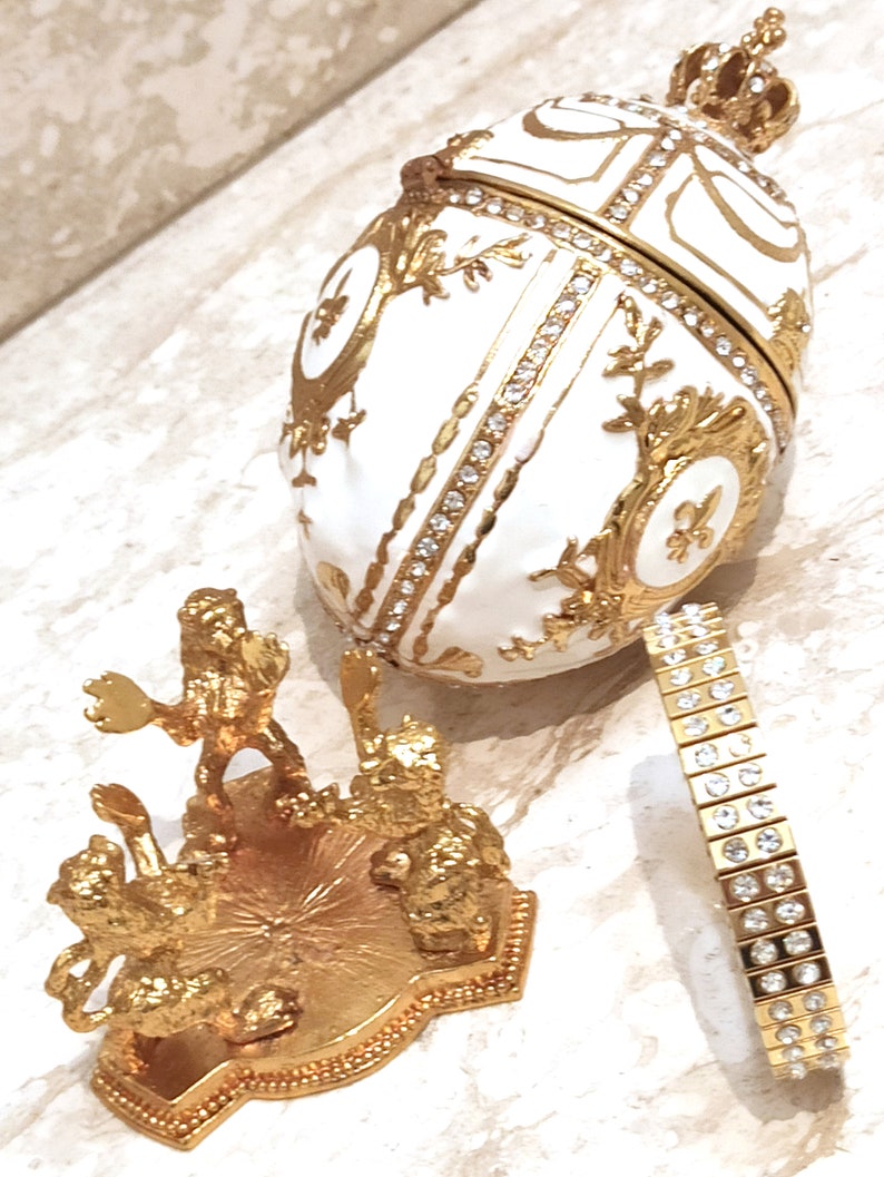 IMPERIAL White Faberge Egg style 24K Lion 4ct Faberge Trinket box 200 SWAROVSKI Diam & Bracelet 2ct/Faberge Egg Ornament Faberge Jewelry Box image 4