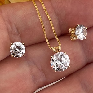 3.5ct SOLID 18k Gold Diamond Solitaire Necklace Round Shape Pendant Earrings Wedding Anniversary Diamond Necklace Jewelry SET Gift for women