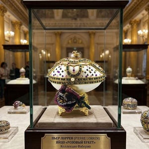May include: A Fabergé egg, the "Rose Bouquet" egg, is displayed in a glass case. The egg is white with intricate gold, purple, and green detailing. A gold stand supports the egg, and a plaque below provides details about the egg and its collection.