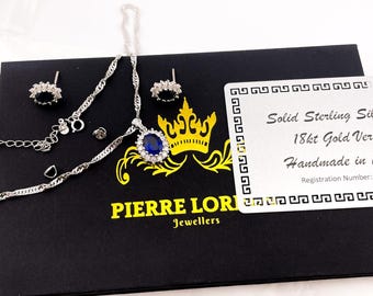 Princess Diana NATURAL Sapphire Diamond Necklace Earrings Set – Royal Blue Bridal Wedding Jewelry, Kate Middleton Fine Jewelry gift HANDMADE