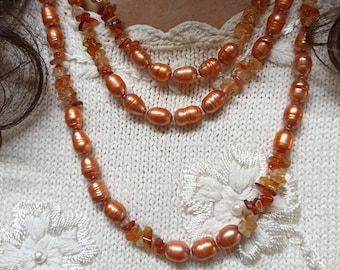 Coral Freshwater Pearl Necklace 48"/Wedding Party Freshwater Pearl Jewerly/Handmade Multistrand Statement Necklace / Layered Pearl Necklace