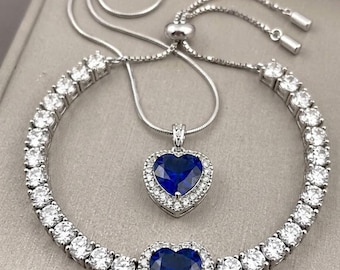 Set composto da collana, ciondolo e bracciale con zaffiro naturale certificato da 9 carati, gioielli pregiati con zaffiro taglio a cuore, regalo per il 45° anniversario, fatto a mano.