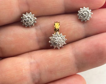 Pierre Lorren Cluster Diamond Pendant Stud Earrings SET 18k Solid Yellow Gold 18kt Handmade Fine Jewelry Natural Diamonds Girl's best friend
