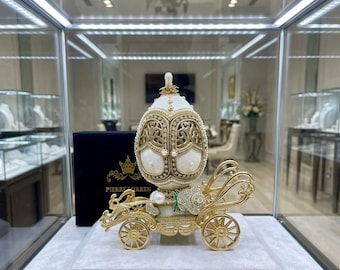 Carillon antico a forma di uovo Fabergé del 1986, regalo per il 40° anniversario di matrimonio, per la moglie, compleanno 40 anni, guscio d'uovo naturale, decorazioni in oro puro, Swarovski - FATTO A MANO