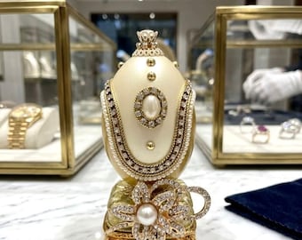 Portagioie vintage a forma di uovo Fabergé e collana Fabergé in argento con uovo naturale intagliato a mano, decorazioni in oro puro Swarovski, regalo per la moglie per il 16° anniversario di matrimonio.