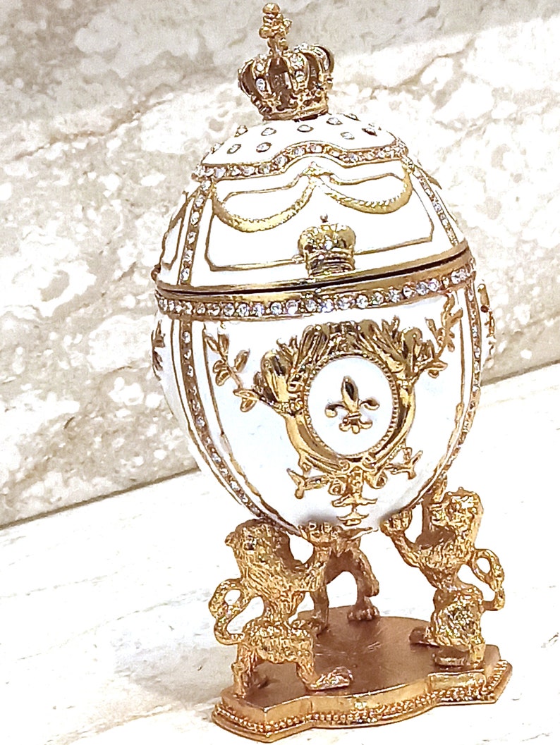 Royal Purple Fabergé Egg style 24KGOLD 4ct Collectors Egg Fabrege Jewelry Box Faberge Egg Trinket Box HAND Decorated with 200 Austrian Crys Imperial White